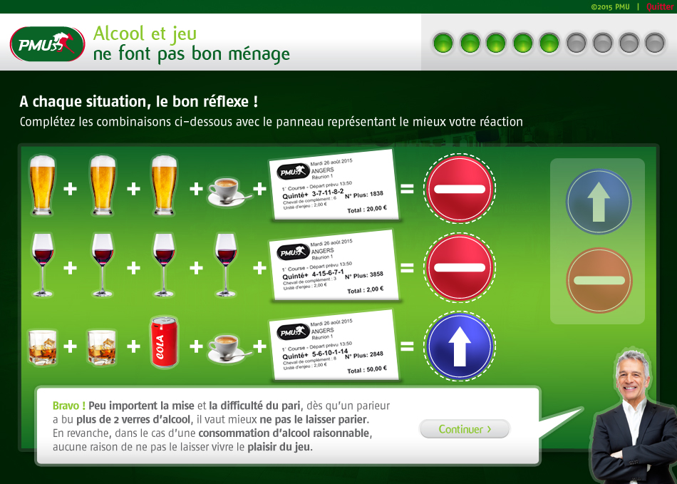 Page intermédiaire du module PMU Alcool et jeu ne font pas bon ménage