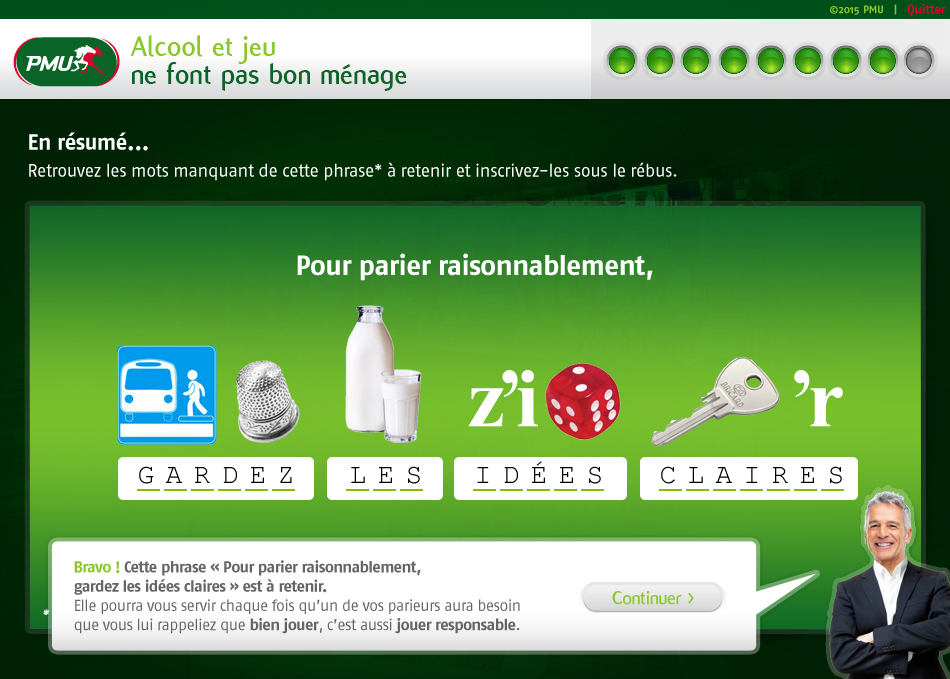 Page intermédiaire du module PMU Alcool et jeu ne font pas bon ménage